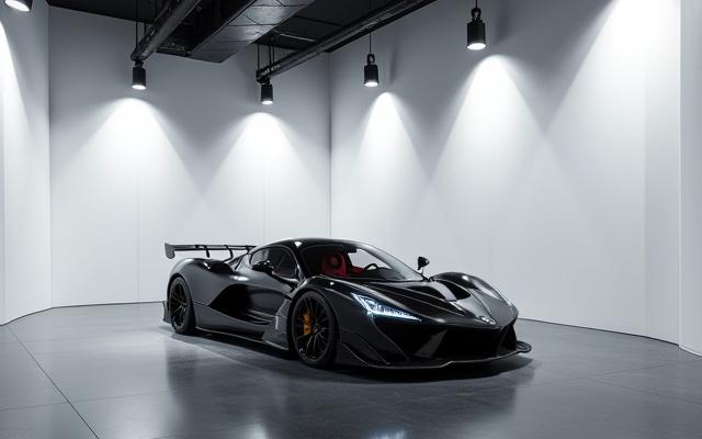 Clean, bright showroom with a featured highly customized supercar