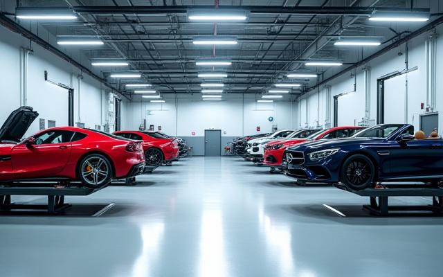 Modern vehicle service bays with specialist tools and lifts at Aether Fiber