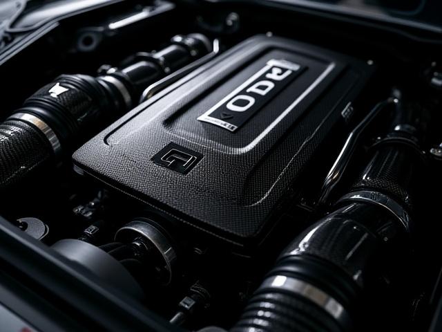 Exquisite carbon fiber engine bay cover showcasing engine details