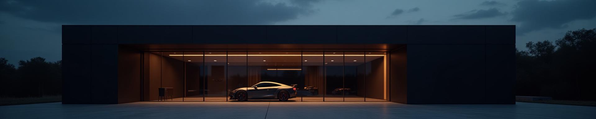 Exterior view of the Aether Fiber facility entrance at dusk, with subtle lighting emphasizing the brand logo and modern architecture.