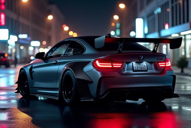 Aggressive grey BMW M4 with Aether Fiber widebody kit and large rear wing, urban setting.