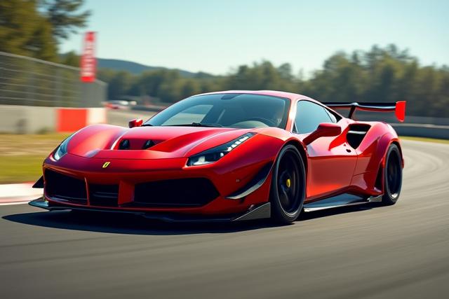 Red Ferrari 488 with custom Aether Fiber carbon fiber aero kit on a racetrack, dynamically cornering.
