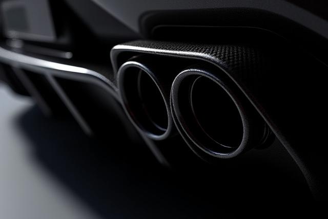 Extreme close-up of a Lamborghini's carbon fiber rear diffuser and exhaust tips, in low light.