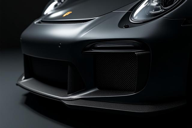 Detailed shot of a Porsche's front bumper with intricate carbon fiber canards and splitter.