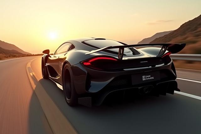Side profile of a black supercar with a full Aether Fiber aero kit in a dynamic rolling shot, blurred background.