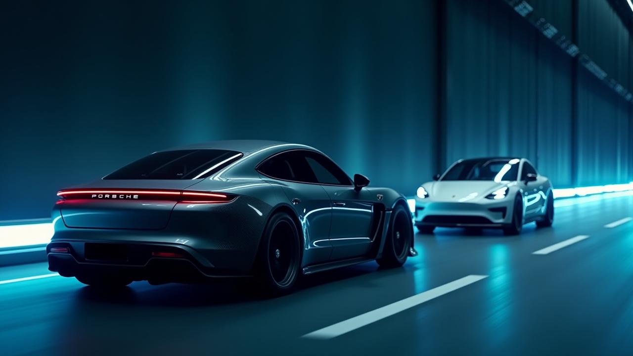 Modified Porsche Taycan and Tesla Plaid with Aether Fiber carbon fiber components, in motion, against a dark, futuristic backdrop in San Jose.