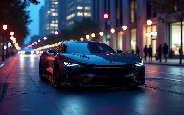 Custom Lucid Air with subtle carbon fiber elements parked in a high-tech night city environment in San Jose