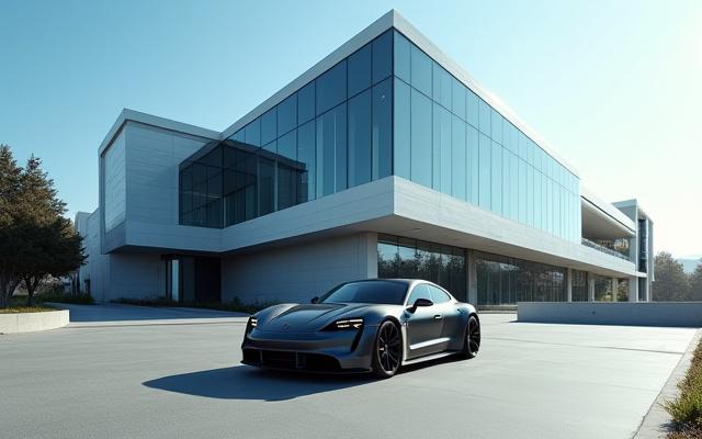 Custom Porsche Taycan looking sleek in a Silicon Valley tech campus setting