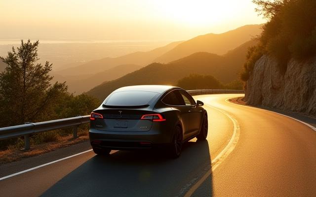 Custom Tesla Model X with carbon fiber accents on a scenic mountain road near San Jose