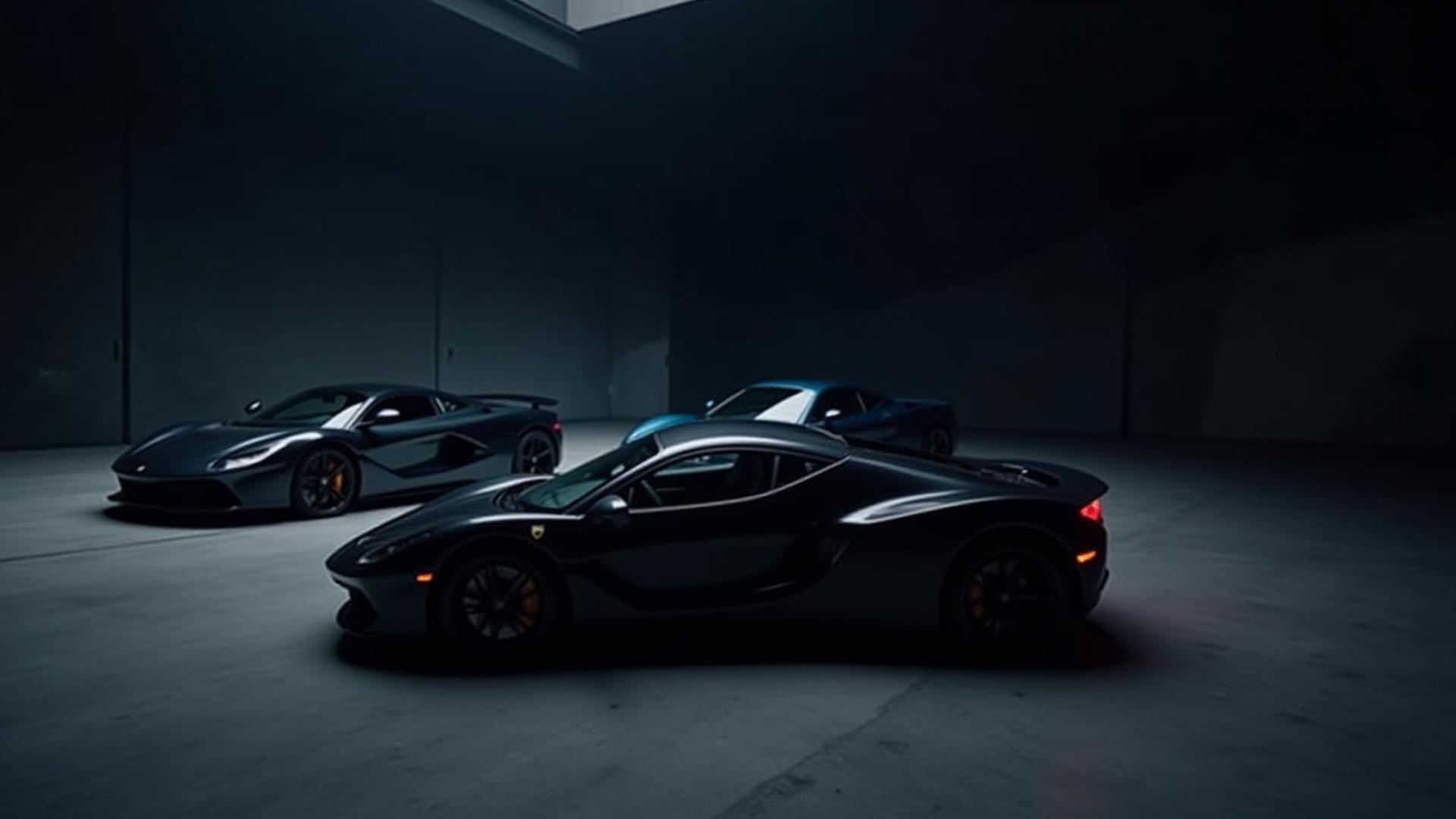 A smoothly animated slideshow of the absolute best supercar projects by Aether Fiber, featuring a customized Lamborghini, a Ferrari, and a McLaren in stunning, high-performance settings.