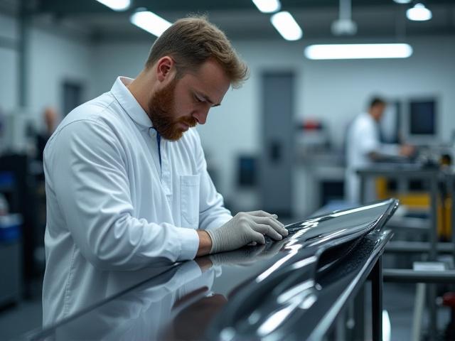 A clean, well-lit CarbonCloner Mac workshop with a team member meticulously inspecting a freshly fabricated carbon fiber part.