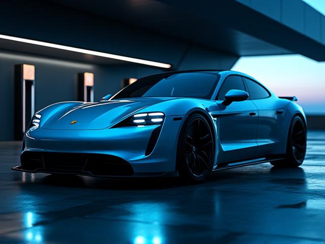 Sleek, modified Porsche Taycan with visible carbon fiber aerodynamic enhancements.