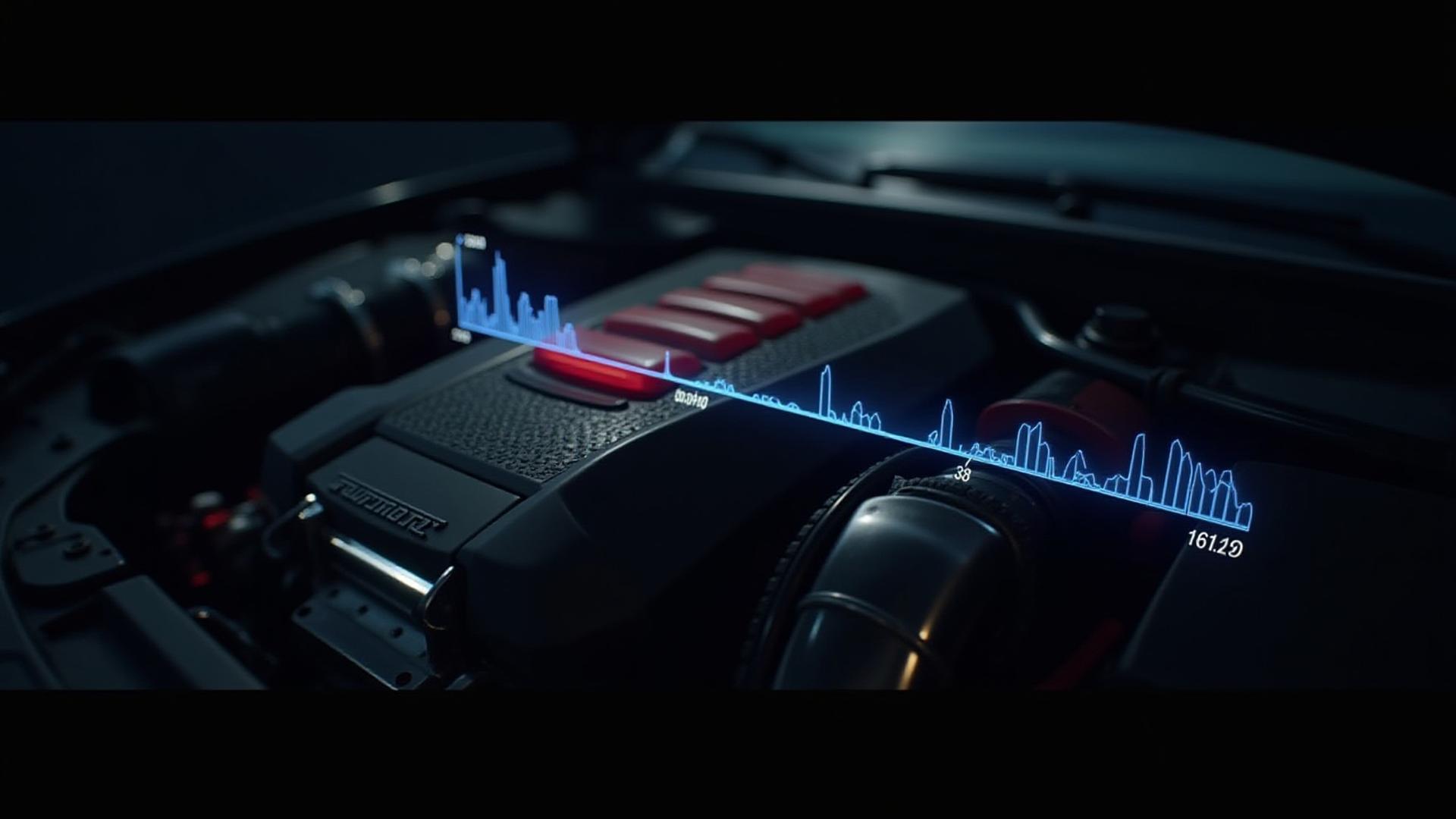 Engine bay of a high-performance car with an overlayed animated dyno graph showing power gains