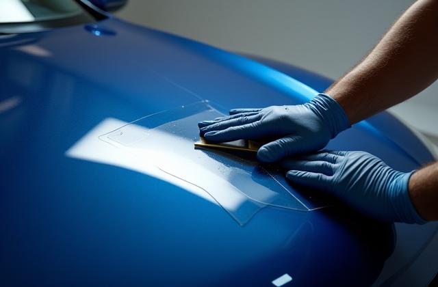 An Aether Fiber technician meticulously applying a large sheet of clear Paint Protection Film (PPF) onto a car'shood with a squeegee, demonstrating high-precision installation.