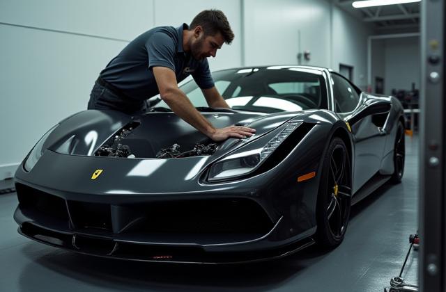 Skilled technician carefully removing the front bumper and headlights of a high-end sports car in a sterile workshop, ensuring precision for seamless wrap application.