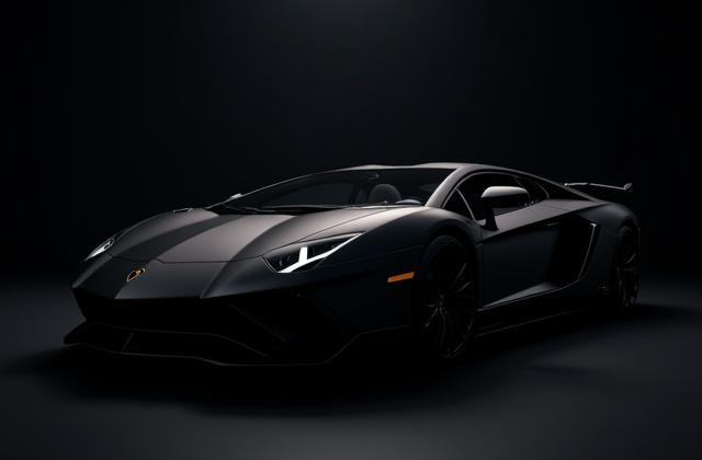 A breathtaking matte black wrapped Lamborghini, freshly completed, gleaming under professional studio lights, showcasing the flawless finish and attention to detail.