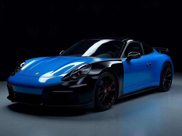 Luxury sports car half-wrapped in a vibrant metallic blue, transitioning smoothly from its original black paint, showcasing a custom vinyl wrap installation by Aether Fiber in San Jose.