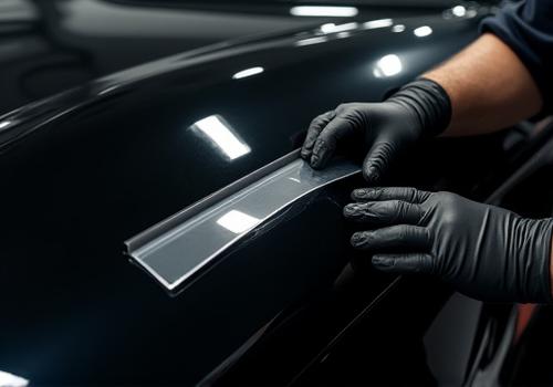 Extreme close-up of clear Paint Protection Film (PPF) being expertly applied to the fender of a high-end black sports car, highlighting the invisible protective layer.