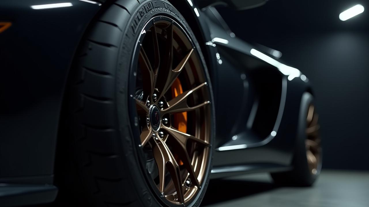 Dramatic low-angle shot of a custom aftermarket wheel and performance tire on an exotic car